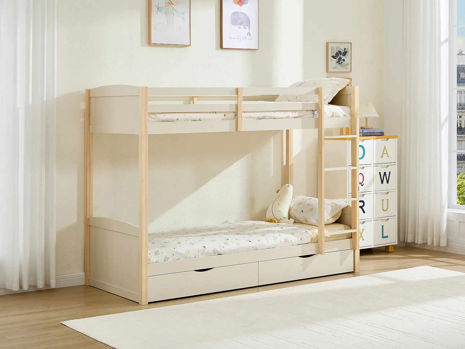 Łóżko piętrowe 2 x 90 x 200 cm - 2 szuflady - Sosna i MDF - Beżowy i naturalny - LIMODARA 4794089 - obrazek 1