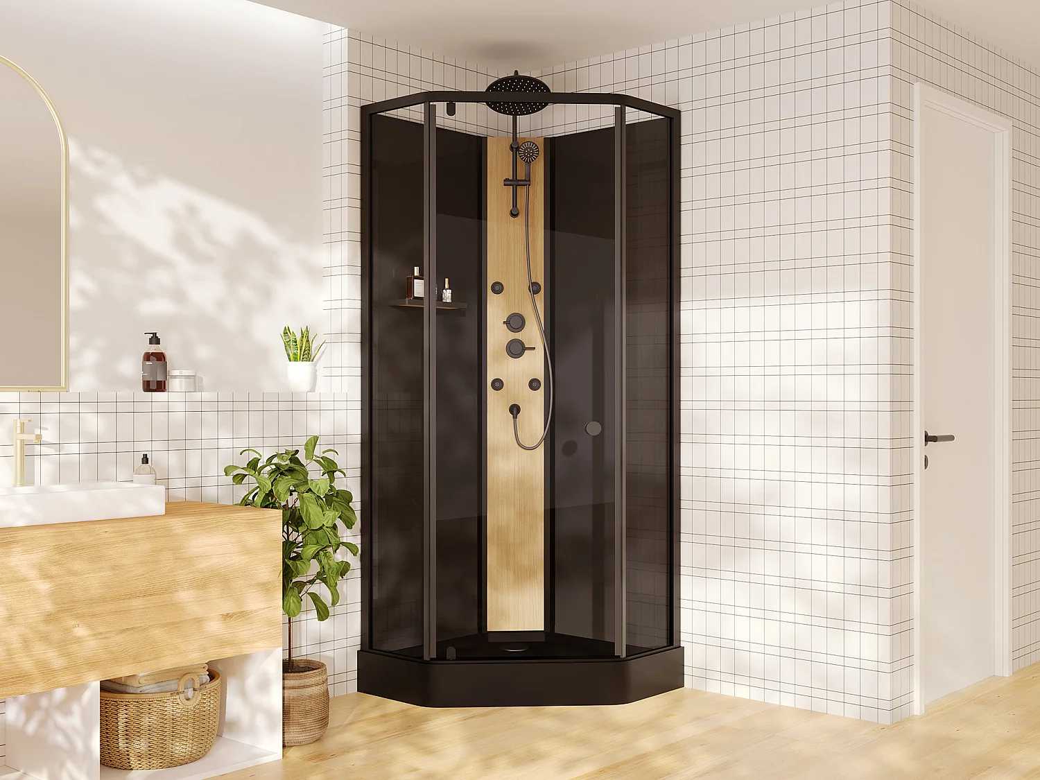 Kabina prysznicowa z hydromasażem z panelem z kompozytu bambusowego – Czarny mat – S85 x sz85 x W225 – CODREVA 4319105