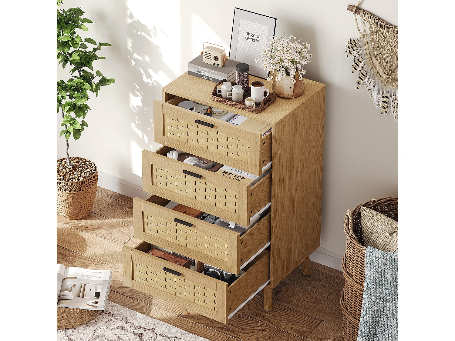 Bufet drewniany z powierzchnią imitującą pleciony rattan, 4 szuflady, styl boho, kolor dąb, wysokość 95 cm 4876241