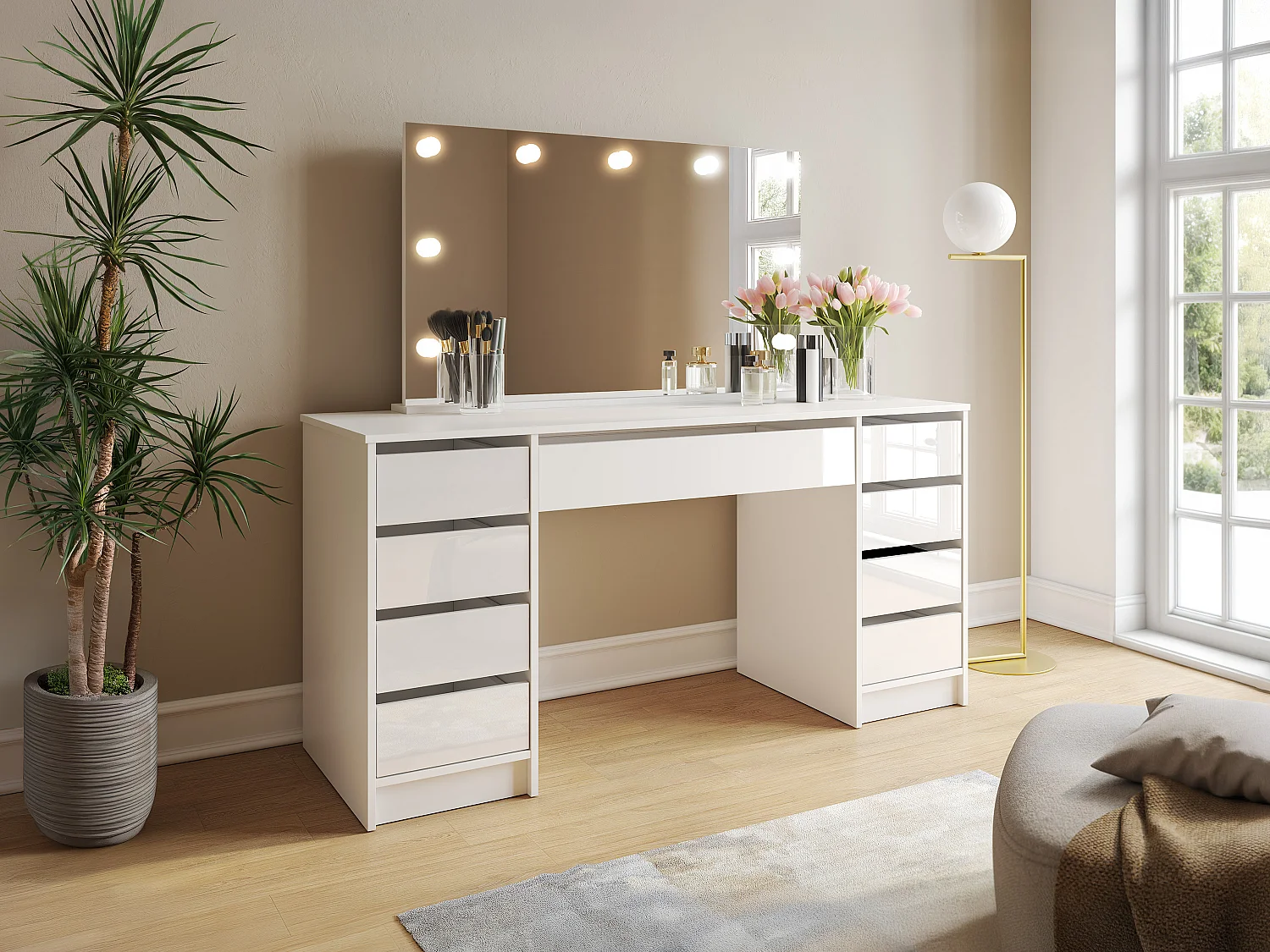 Podwójna toaletka z lustrem LED – 9 szuflad – Biały połysk – JENEMI 4884495 - obrazek 1