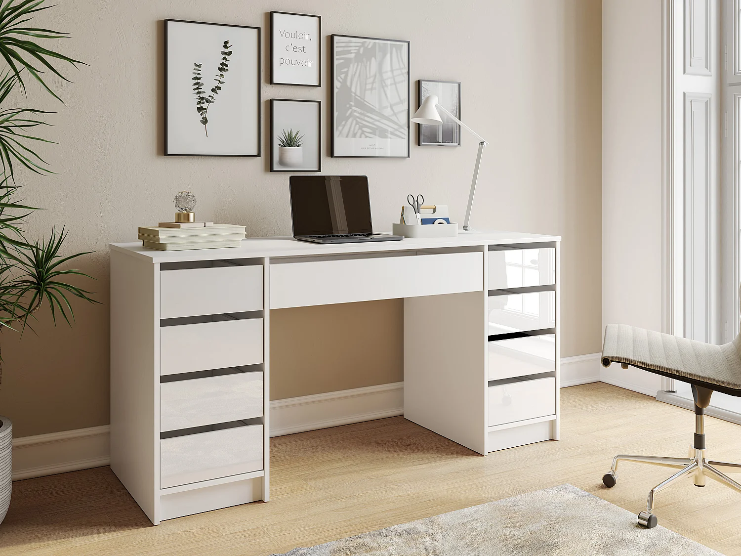 Biurko z 9 szufladami – Biały Połysk - JENEMI 4884506 - obrazek 1