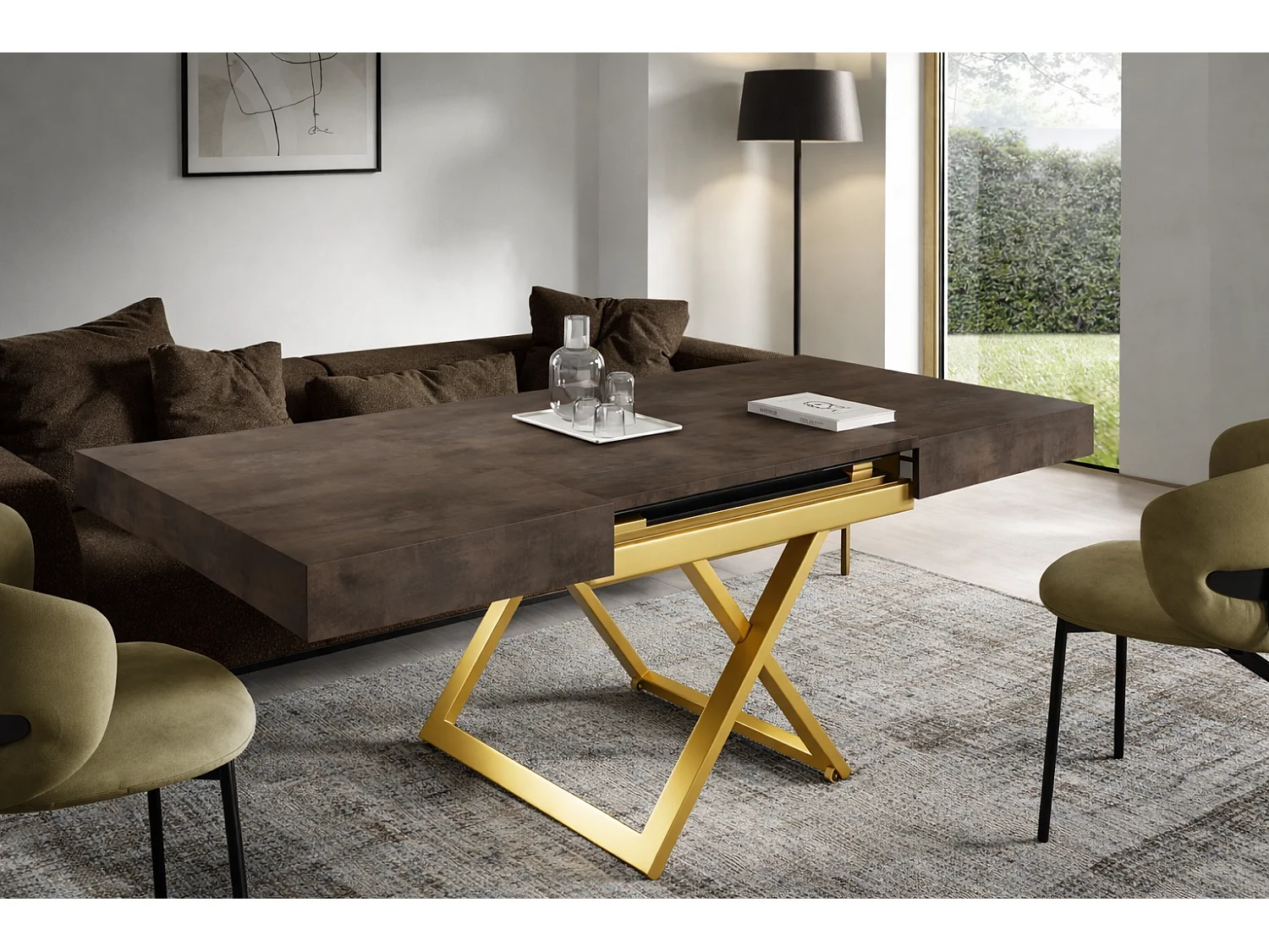 Ławostół 120 cm Ducale U – stół rozkładany do salonu 120-200 cm, regulowana wysokość, złoty stelaż – Dark Grey Chicago 4888820