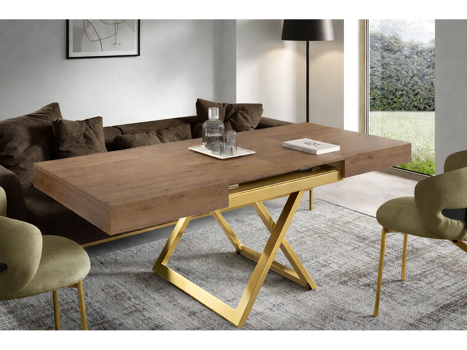 Ławostół 120 cm Ducale U – stół rozkładany do salonu 120-200 cm, regulowana wysokość, złoty stelaż – Truffle Brown Davos Oak 4888821