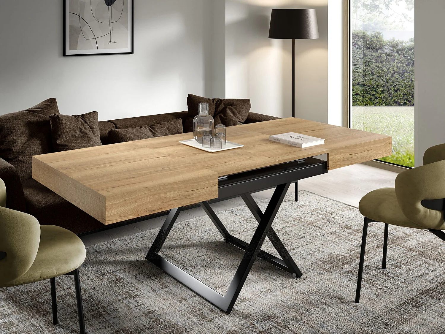 Ławostół 120 cm Ducale U - stół rozkładany do salonu 120-200 cm, regulowana wysokość, czarny stelaż - Natural Halifax Oak 4888827 - obrazek 1