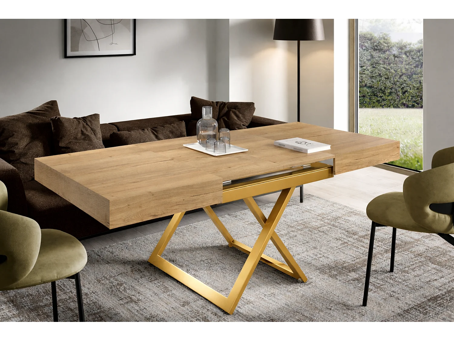 Ławostół 120 cm Ducale U – stół rozkładany do salonu 120-200 cm, regulowana wysokość, złoty stelaż – Natural Halifax Oak 4888833