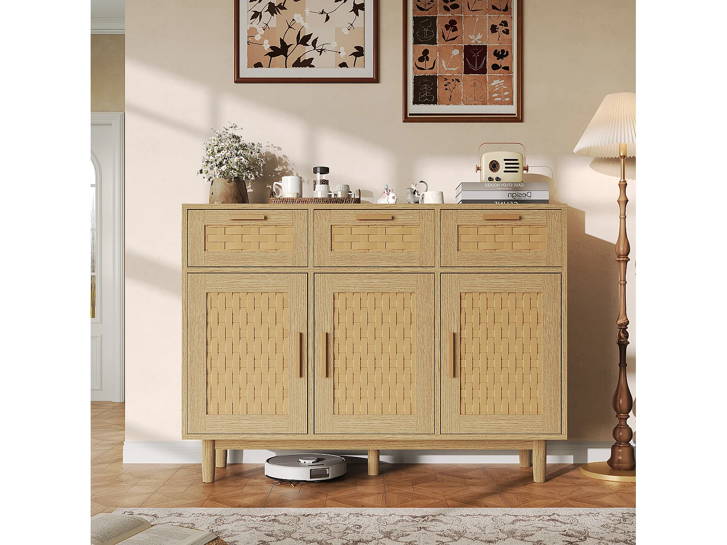 Bufet drewniany w stylu Boho z plecionką z rattanu, 3 szuflady i 3 drzwi, przechowywanie kuchenne dąb 108x40x80 cm 4897809