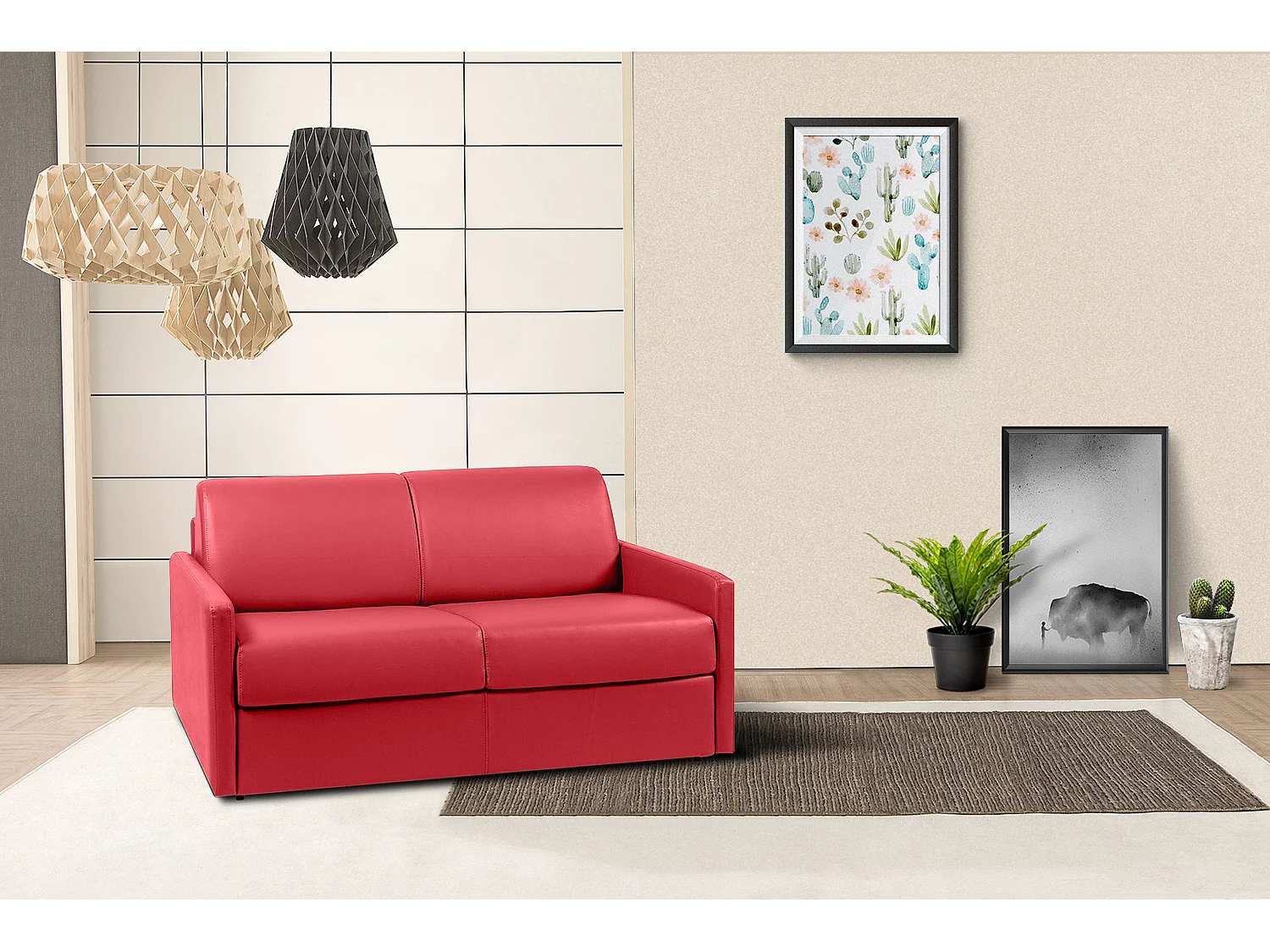 Kanapa 2-osobowa rozkładana typu express z czerwonej ekoskóry z siedziskiem z pianki z pamięcią kształtu - Powierzchnia spania 120 cm - Materac 14 cm CALIFE 2911945 - obrazek 1