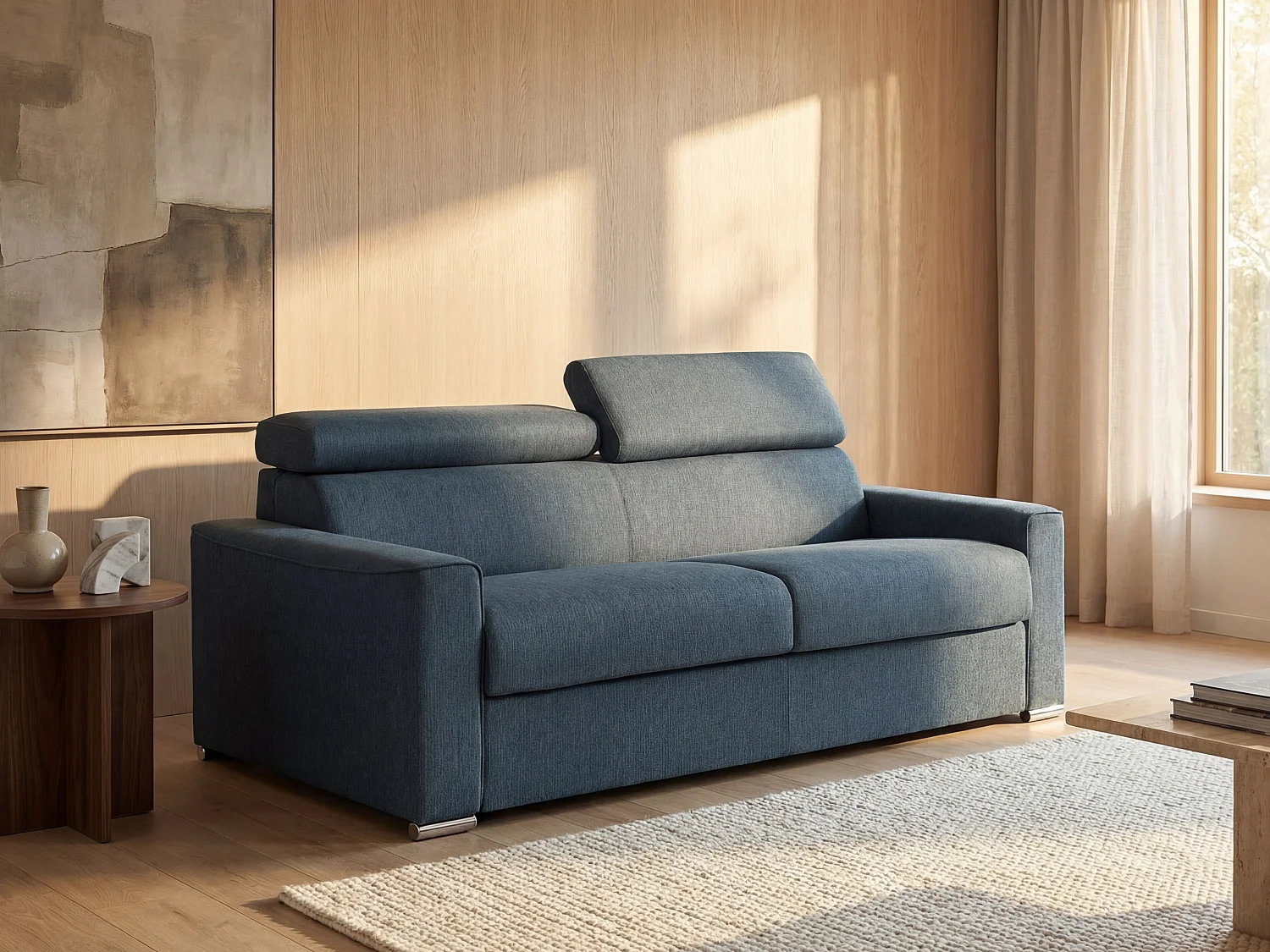 Kanapa rozkładana 3-osobowa VIZIR typu express z tkaniny – kolor niebieski – pow. spania 140 cm – materac 18 cm z pamięcią kształtu 129969 - obrazek 1
