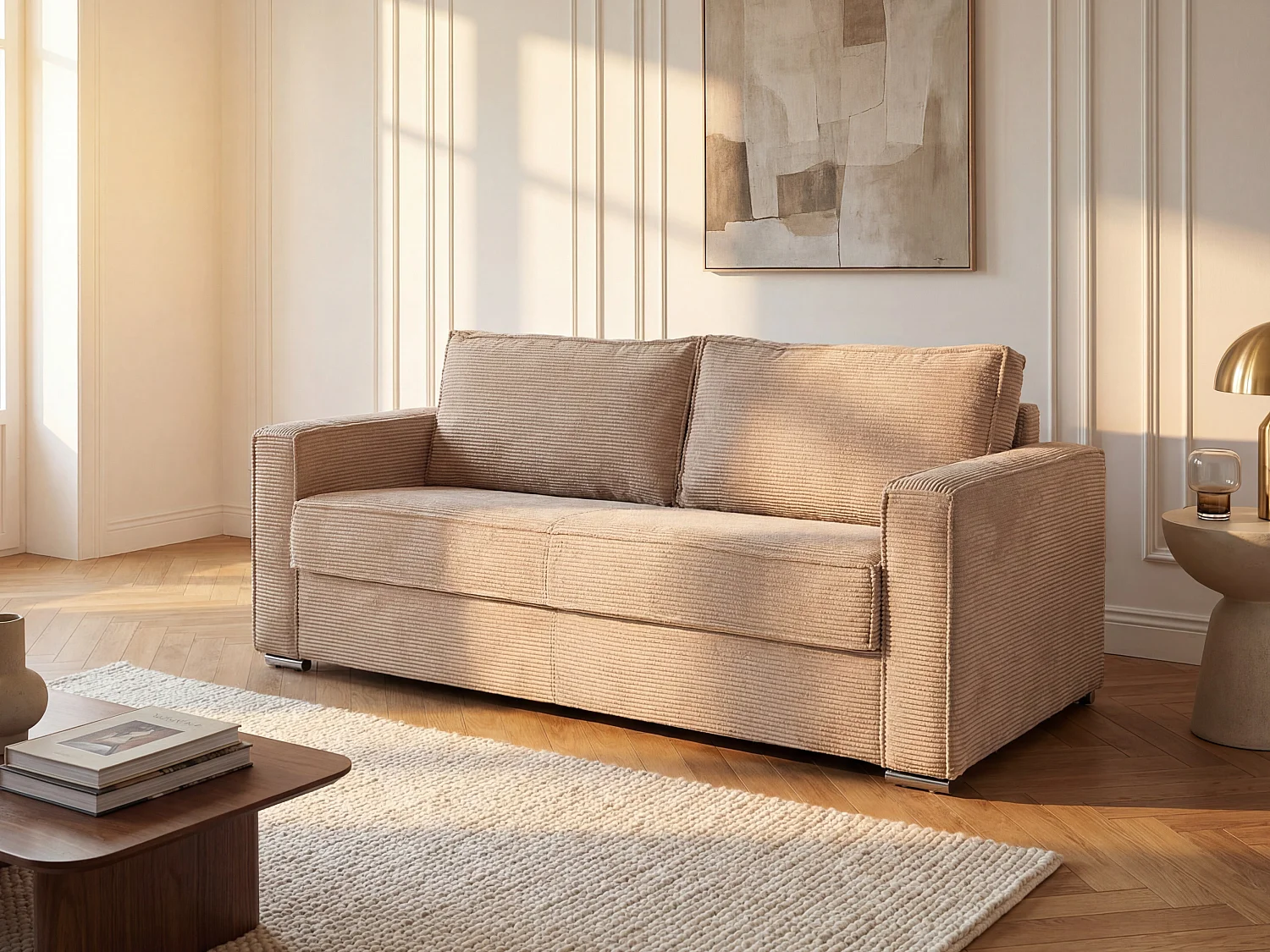 Kanapa 4-osobowa rozkładana typu express ze sztruksu taupe - Miejsce do spania 160 cm - Materac 14 cm - LORETO 3296537 - obrazek 1