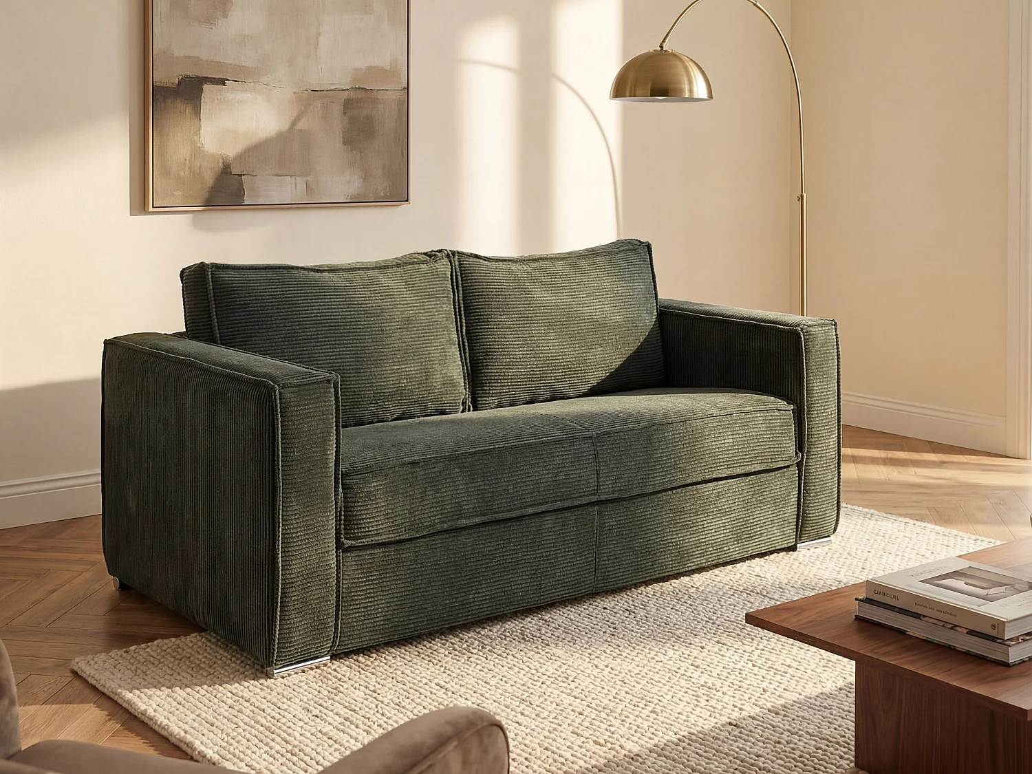 Kanapa 3-osobowa rozkładana typu express ze sztruksu w butelkowej zieleni - Miejsce do spania 140 cm - Materac 22 cm z pamięcią kształtu - LORETO 850099 - obrazek 1