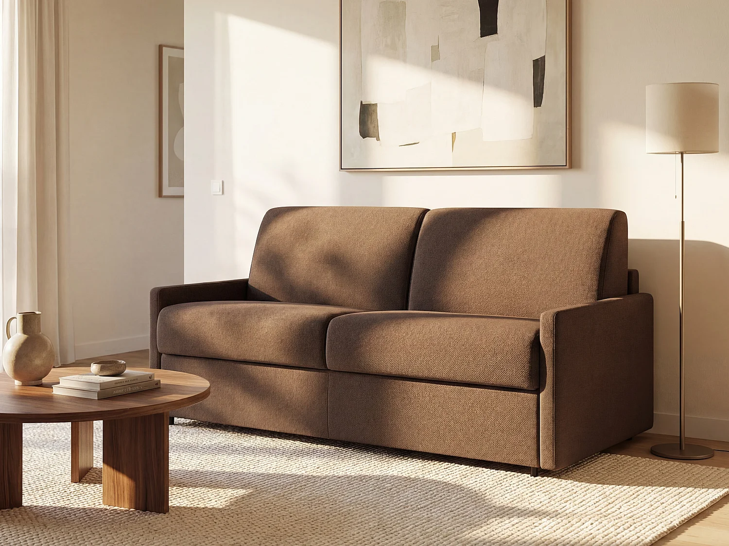 Kanapa 4-osobowa rozkładana typu express z brązowej tkaniny z siedziskiem z pianki z pamięcią kształtu - Powierzchnia 160 cm - Materac 22 cm z pianki i termoelastycznej CALIFE 2912109 - obrazek 1