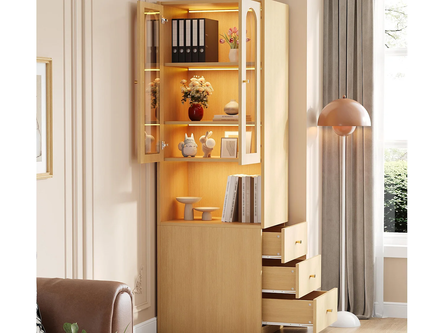 Biblioteka/Witryna – 60×40×200 cm – 3 szuflady boczne i 2 drzwi szklane – LED – Lewa/prawa strona odwracalne – Naturalny 4908731