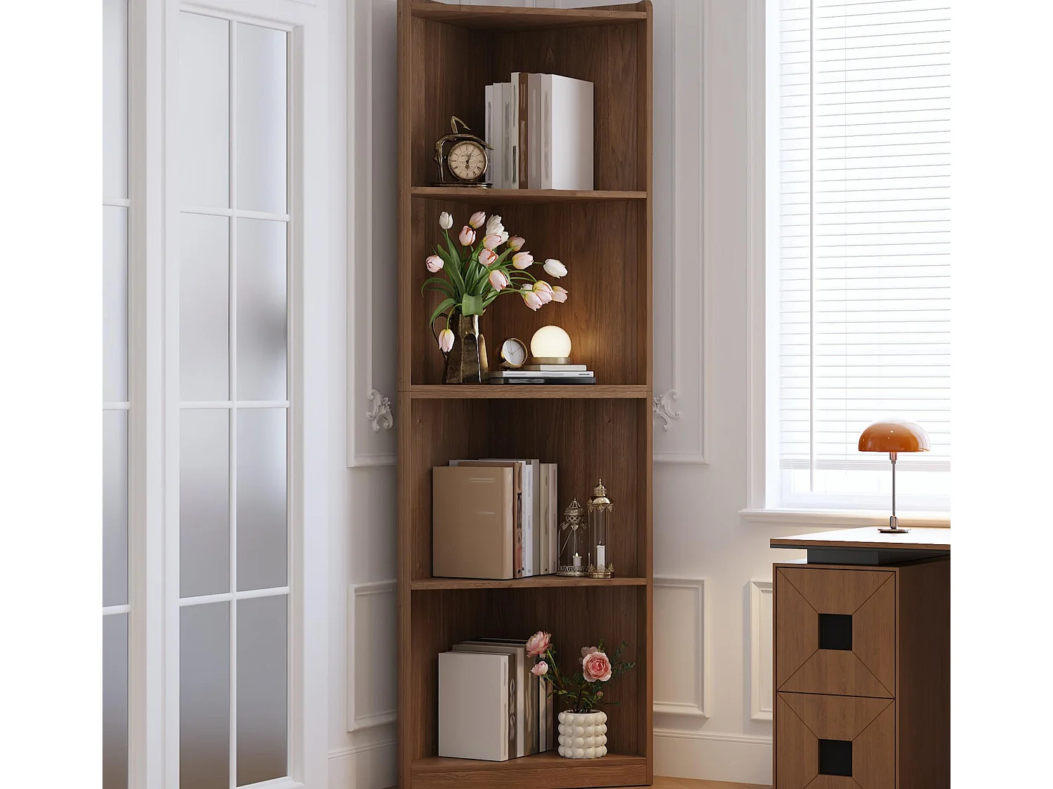 Biblioteczka / półka narożna – 55×32×180 cm – Z systemem przeciwprzewracania – Witryna – MDF – Brązowy 4908755