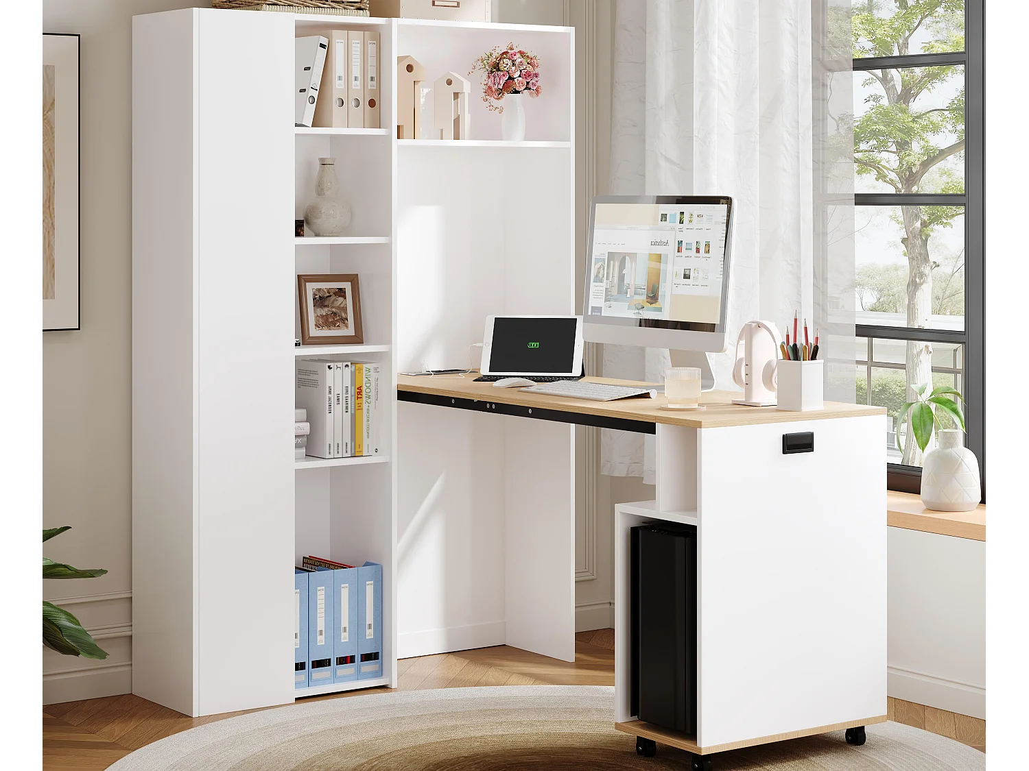 Biurko składane z wbudowanymi półkami – Biblioteczka + biurko – Gniazdko elektryczne i port USB – Regulowane półki – Biały 4908751
