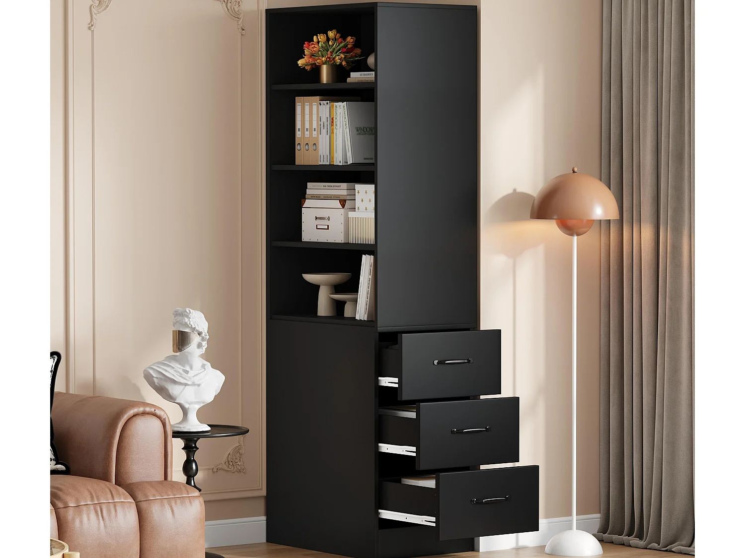 Biblioteka 180 cm wysokości – z 3 szufladami bocznymi – Regulowane półki – Lewa/prawa odwracalna – Czarny 4908796