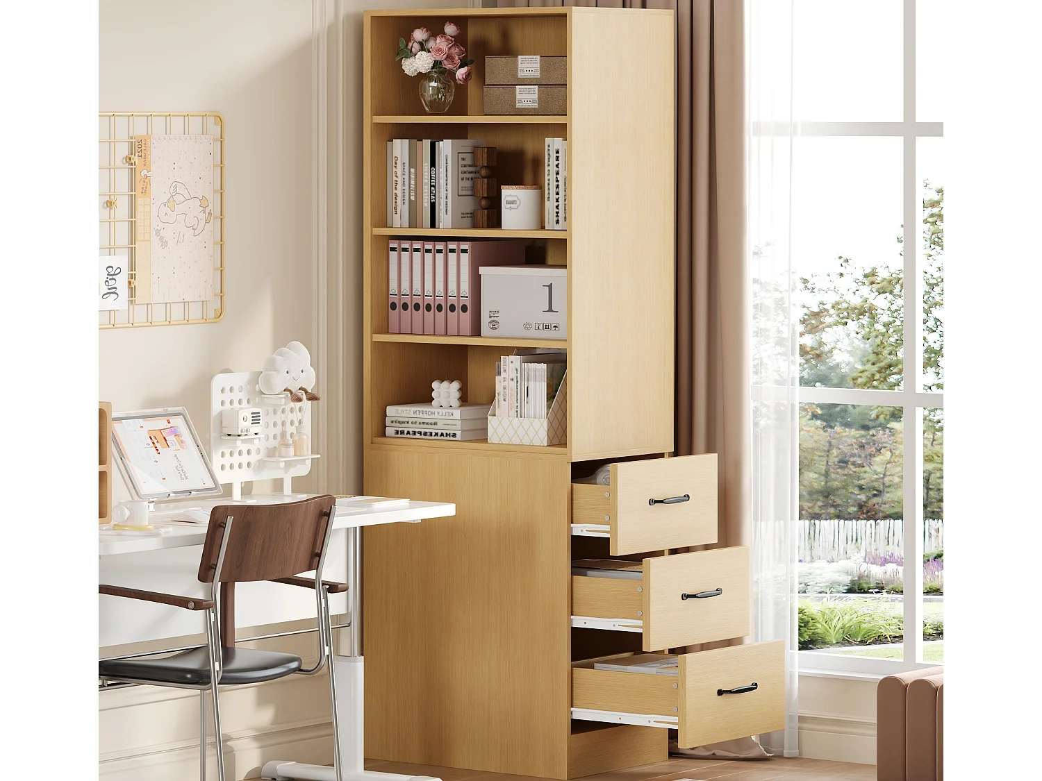 Biblioteka 180 cm wysokości – z 3 szufladami bocznymi – Regulowane półki – Lewa/prawa odwracalna – Naturalny 4908809