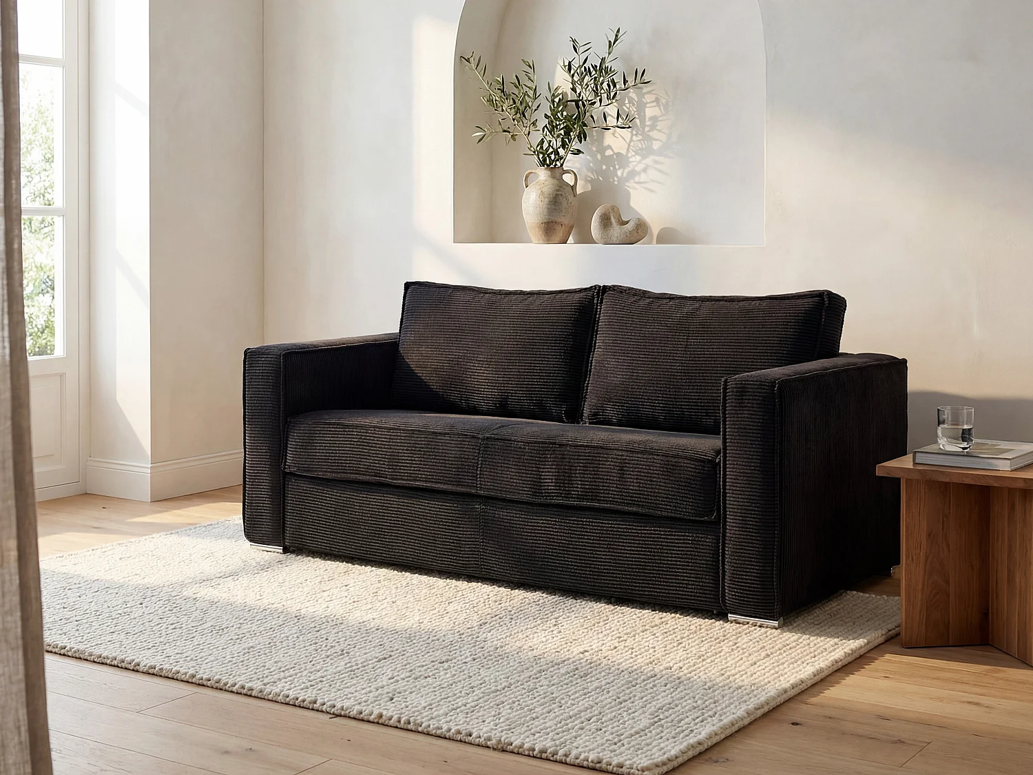 Kanapa 3-osobowa rozkładana typu ekspres z czarnego sztruksowego weluru - Szeroki stelaż listwowy 140 cm - Materac 18 cm LORETO 4429425 - obrazek 1