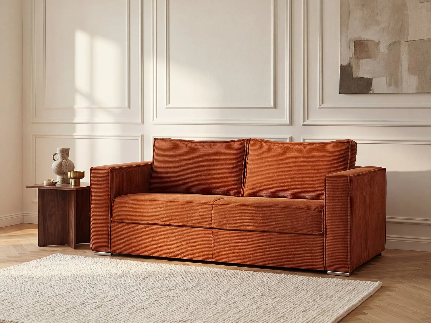 Kanapa 3-osobowa rozkładana typu ekspres z sztruksowego weluru w kolorze teraktoty - Powierzchnia spania 140 cm - Materac 22 cm z pamięcią kształtu LORETO 4429431 - obrazek 1