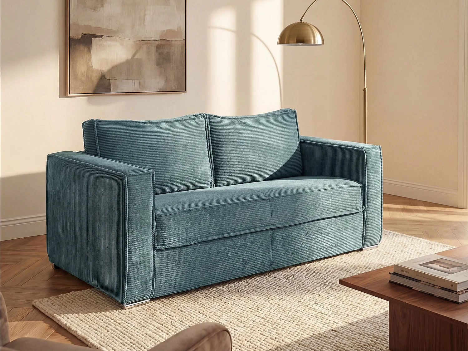 Kanapa 4-osobowa rozkładana typu express z turkusowego sztruksu - Miejsce do spania 160 cm - Materac 18 cm - LORETO 850083 - obrazek 1