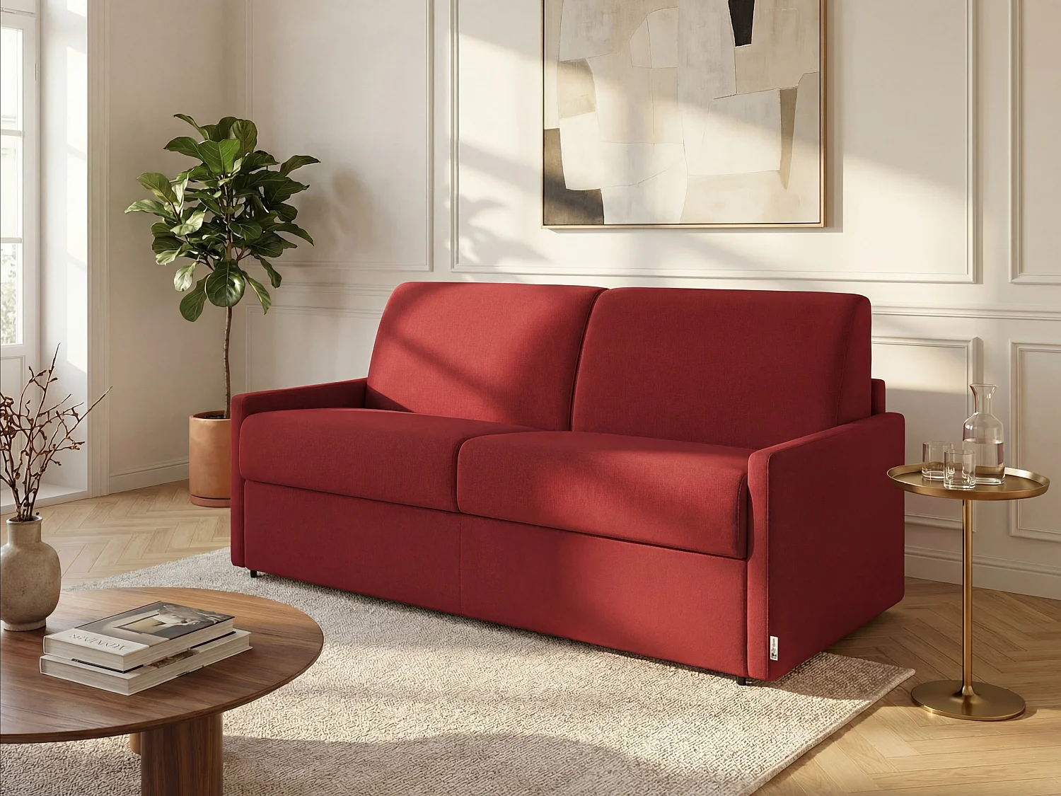 Kanapa 3-osobowa rozkładana typu express z czerwonej tkaniny z siedziskiem z pianki z pamięcią kształtu - Pow. spania 140 cm - Materac 22 cm z siedziskiem z pianki z pamięcią kształtu CALIFE 2912075 - obrazek 1
