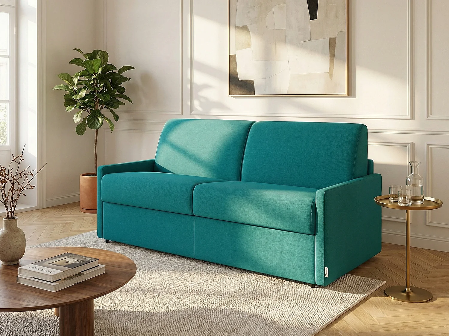 Kanapa 2-osobowa rozkładana typu express z turkusowej tkaniny z siedziskiem z pianki z pamięcią kształtu - Powierzchnia 120 cm - Materac 22 cm z siedziskiem z pianki z pamięcią kształtu CALIFE 2912036 - obrazek 1