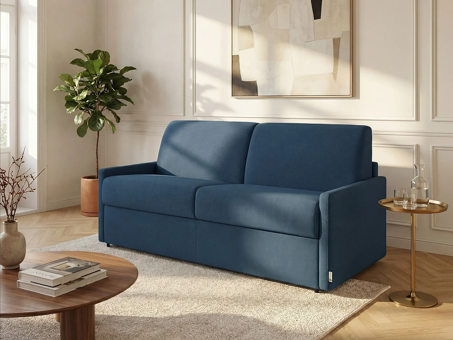 Kanapa 2-osobowa rozkładana typu express z niebieskiej tkaniny z siedziskiem z pianki z pamięcią kształtu - Powierzchnia 120 cm - Materac 22 cm z siedziskiem z pianki z pamięcią kształtu CALIFE 2912035 - obrazek 1