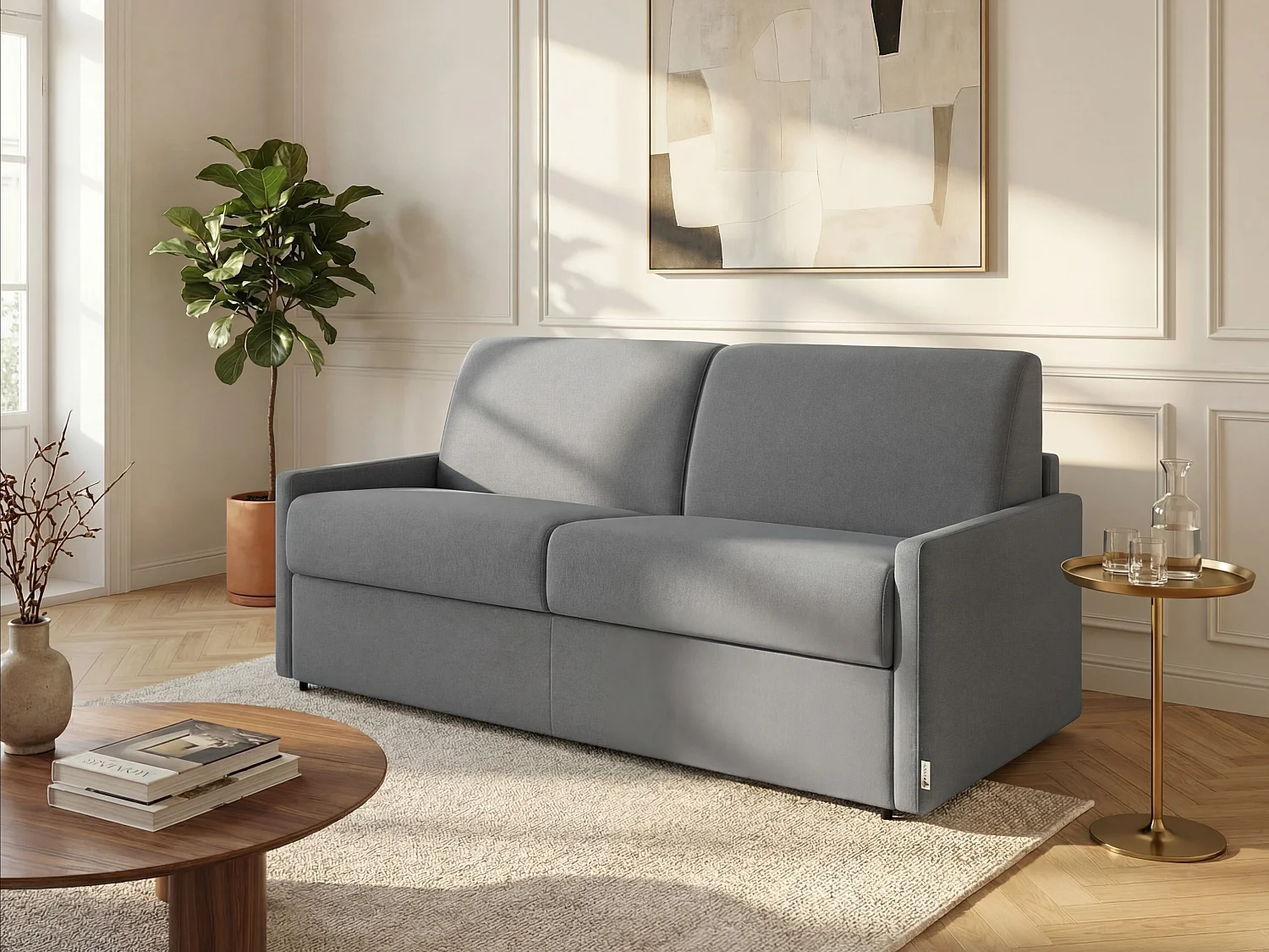 Kanapa 2-osobowa rozkładana express z jasnoszarej tkaniny z siedziskiem z pianki z pamięcią kształtu - Powierzchnia 120 cm - Materac 22 cm z pianki i z siedziskiem z pianki z pamięcią kształtu CALIFE 2912038 - obrazek 1