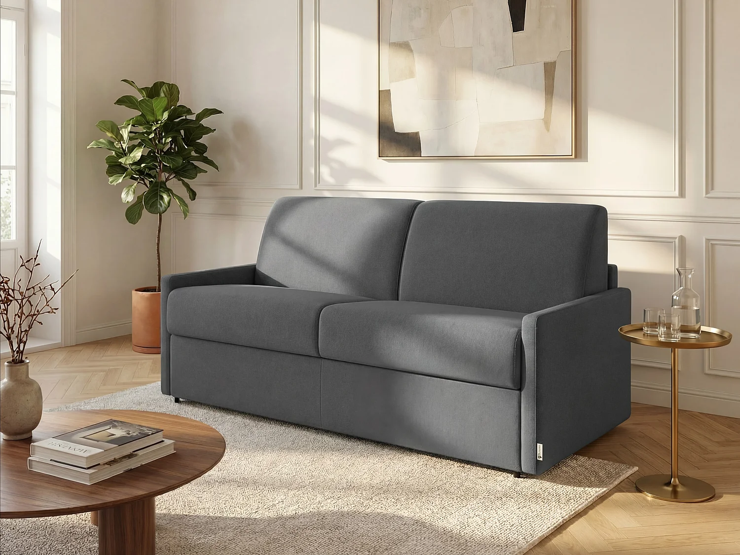 Kanapa 3-osobowa rozkładana typu express w kolorze szarym z siedziskiem z pianki z pamięcią kształtu - Powierzchnia 140 cm - Materac 22 cm z siedziskiem z pianki z pamięcią kształtu CALIFE 2912072 - obrazek 1