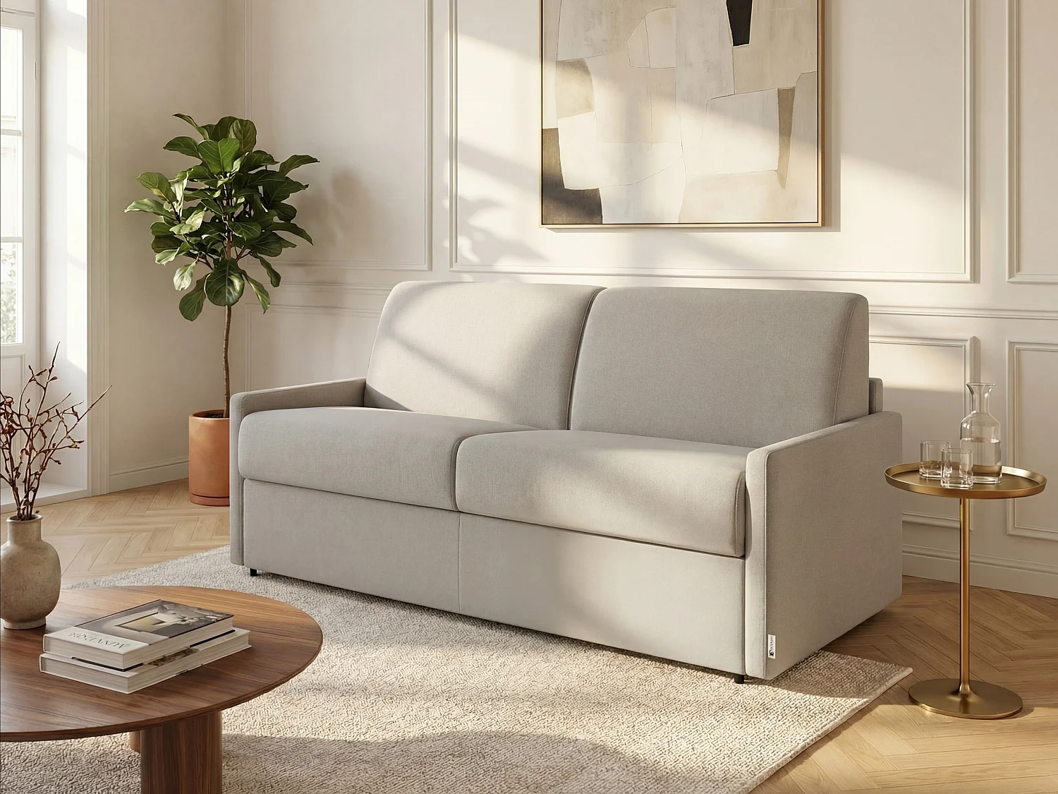 Kanapa 4-osobowa rozkładana typu express z beżowej tkaniny z siedziskiem z pianki z pamięcią kształtu - Powierzchnia 160 cm - Materac 22 cm z pianki i z siedziskiem z pianki z pamięcią kształtu CALIFE 2912104 - obrazek 1