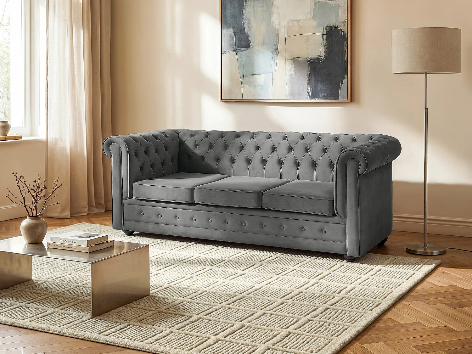 Kanapa 3-osobowa rozkładana z aksamitu w kolorze antracytowym CHESTERFIELD 3800417
