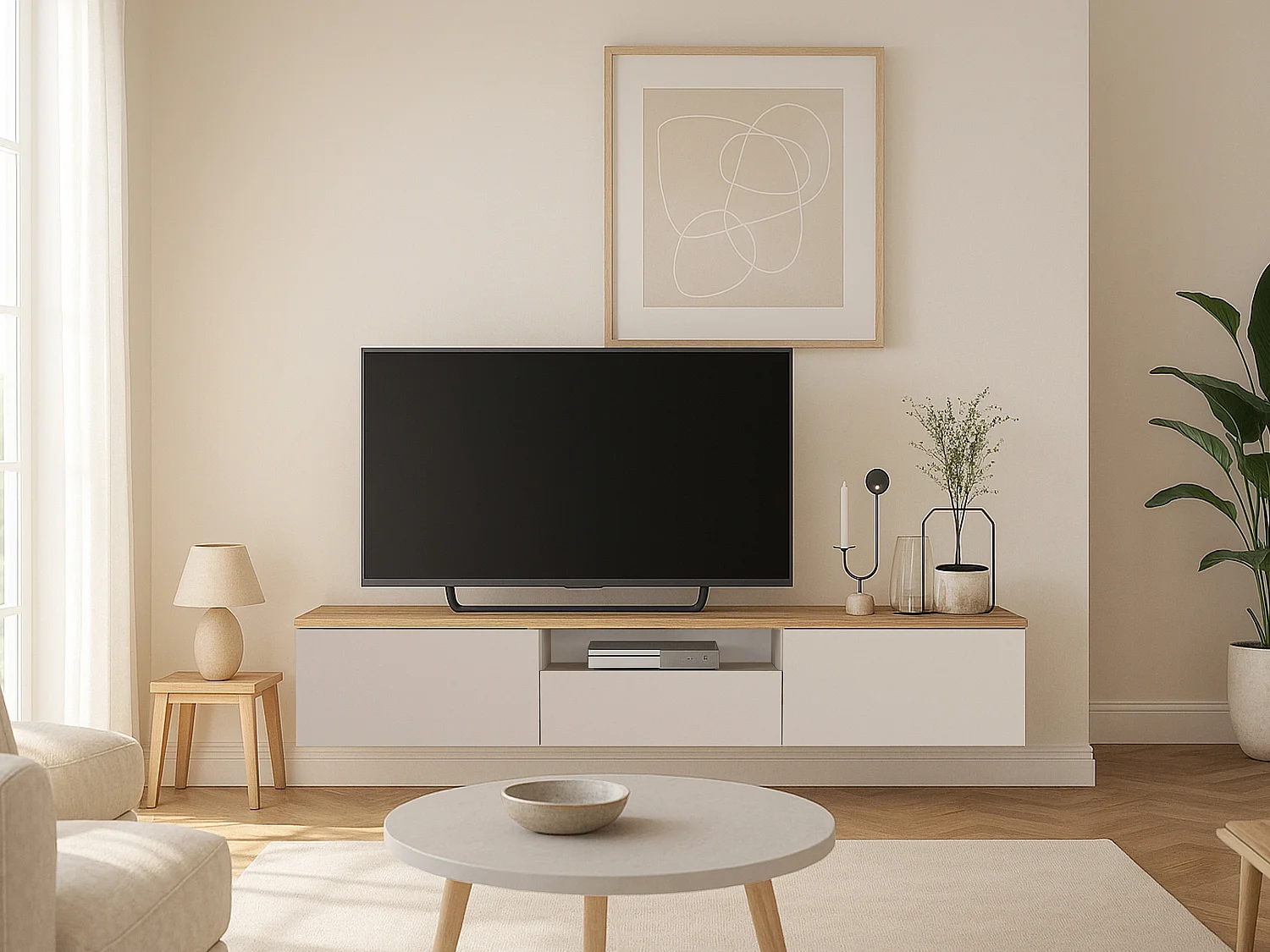 Wisząca szafka RTV z 3 drzwiami i 1 wnęką – Beżowy i naturalny – LOTULA 4852161