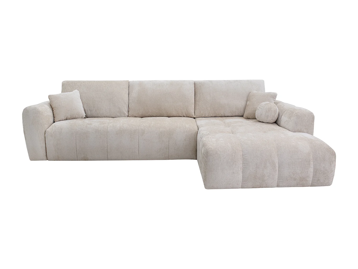 Kanapa narożna prawostronna narożna rozkładana typu express z tkaniny szenilowej w kolorze beżowym - Powierzchnia spania 140 cm - Materac 13 cm memory foam BRIVANO 4823637 - obrazek 1