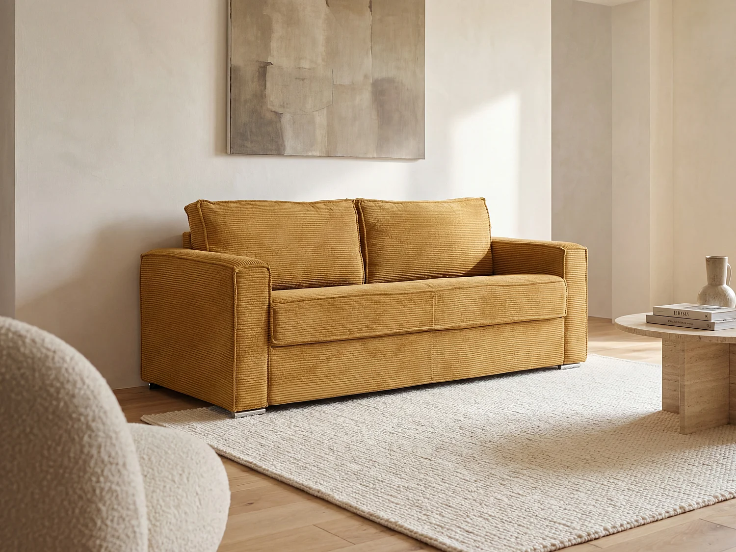 Kanapa 3-osobowa rozkładana typu express z żółtego musztardowego sztruksu – Miejsce do spania z szerokimi listewkami 140 cm – Materac 14 cm – LORETO 3296701