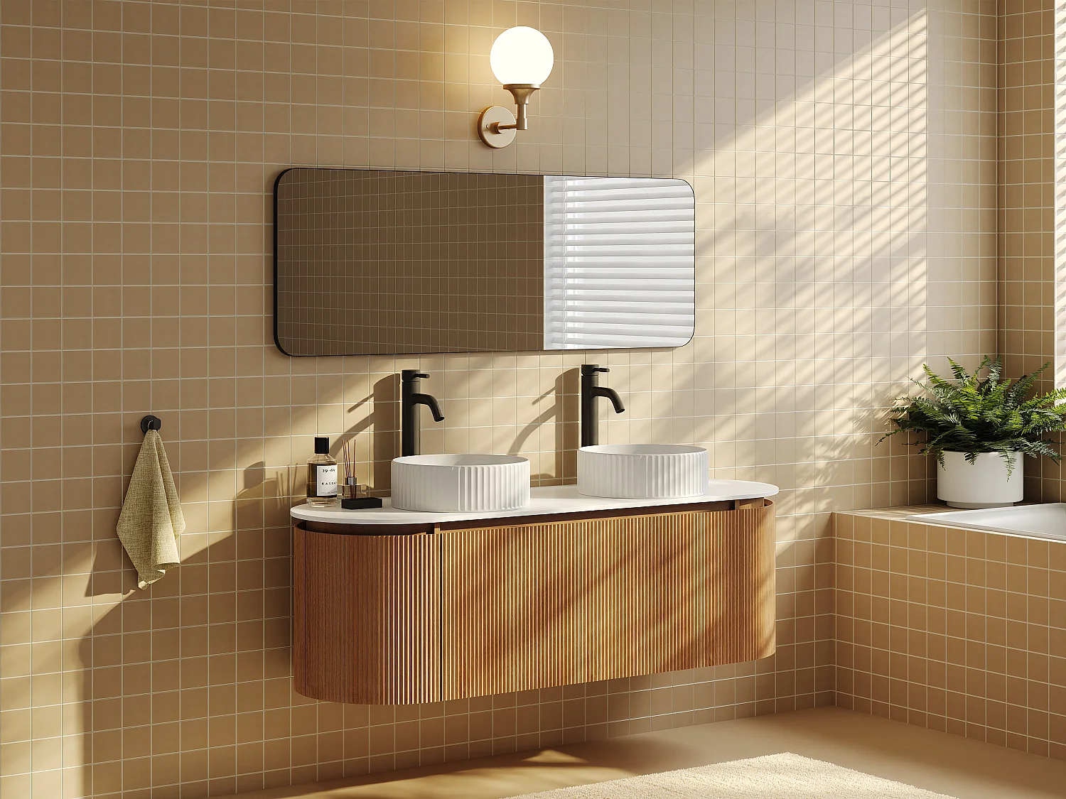 Wisząca szafka łazienkowa ryflowana z podwójną okrągłą umywalką nablatową ryflowaną, baterią i lustrem – Jasny naturalny – S150 cm – LILIKO 4915779