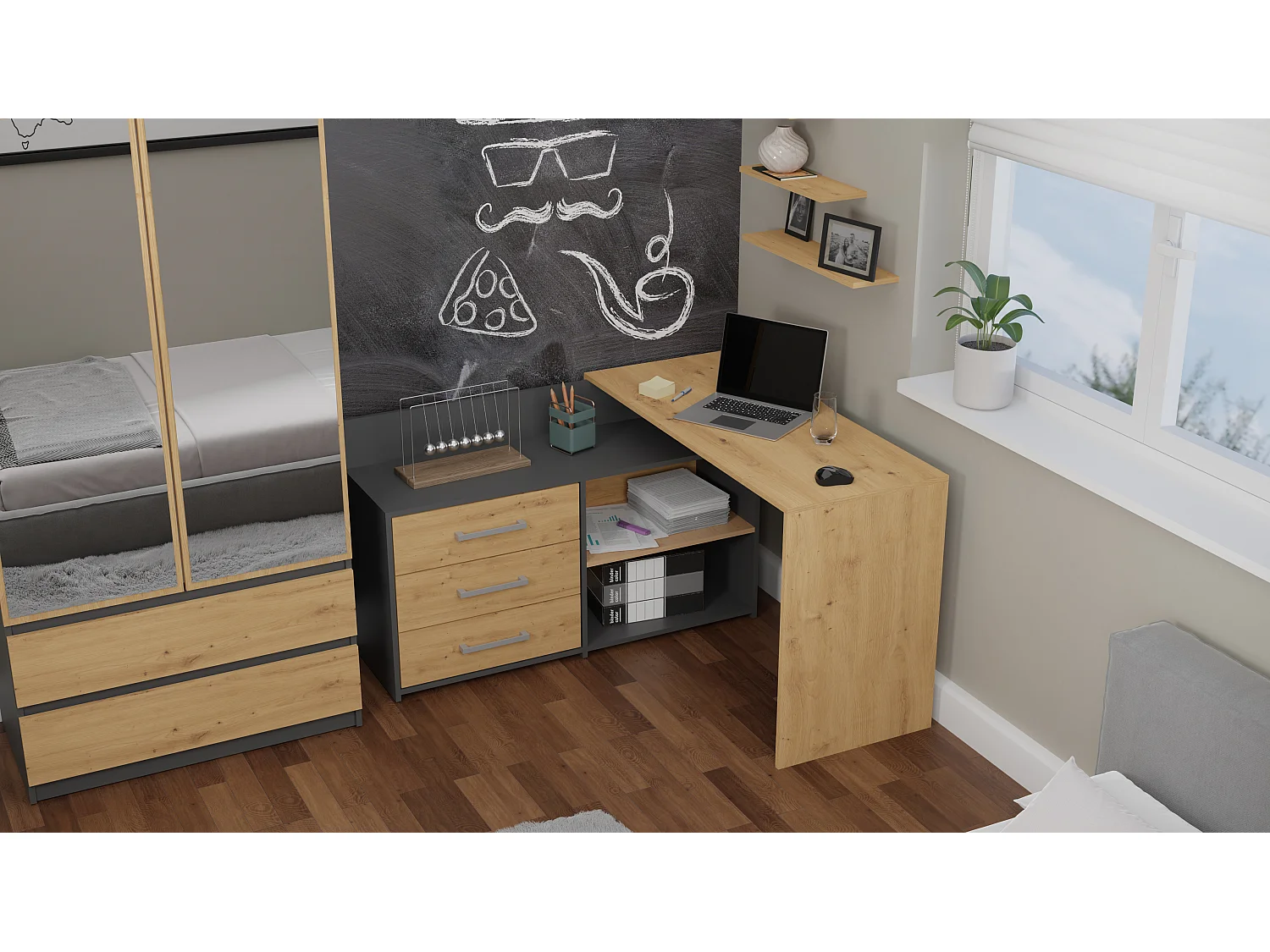 Biurko DANY | Antracyt Artisan | 120x50x76 | Narożne z 3 Szufladami 4044362 - obrazek 1