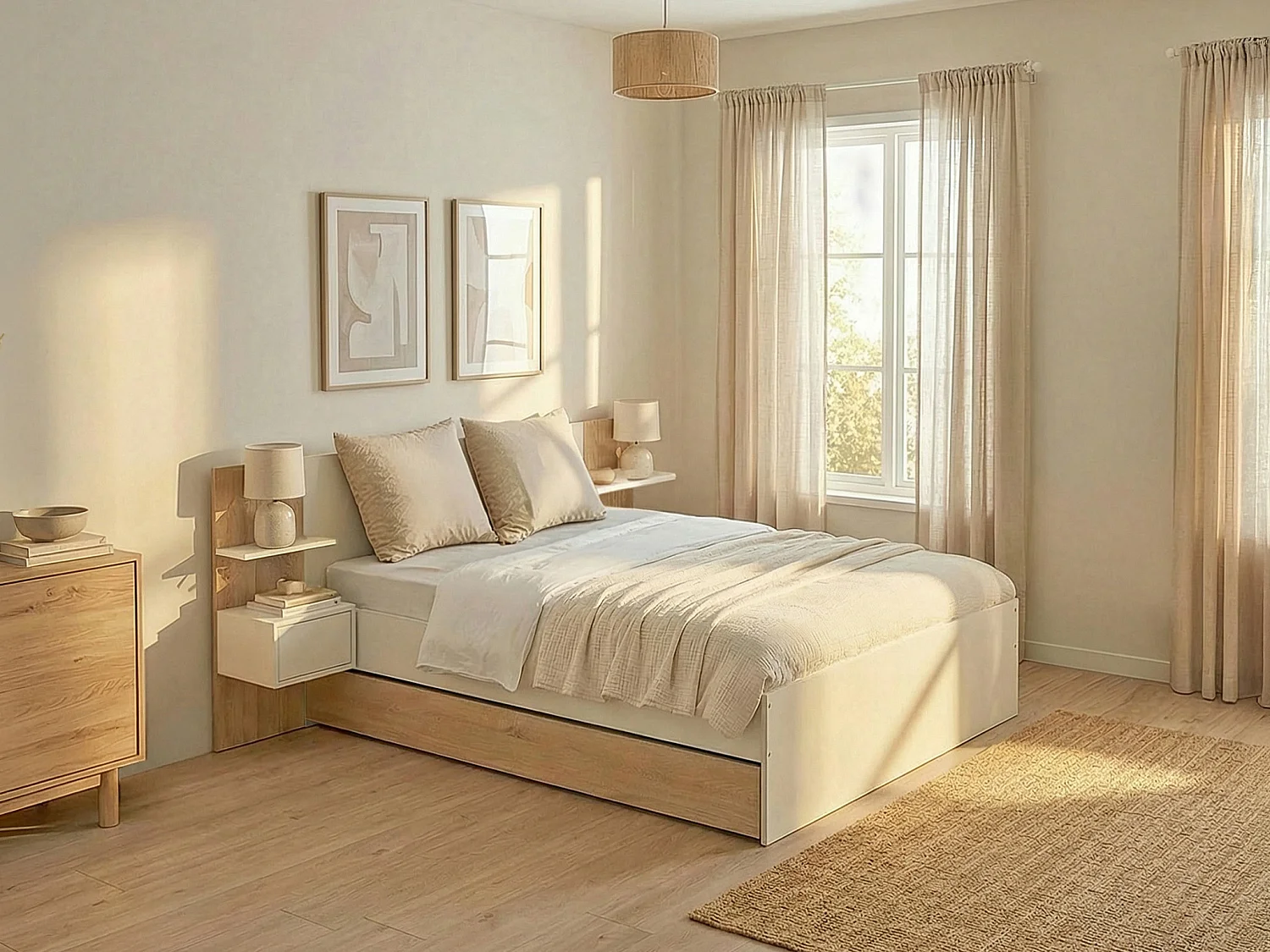 Łóżko z szufladami 160 x 200 cm – Z 2 szafkami nocnymi i półkami – Białe i naturalne + Stelaż – KLYRANA 4915782 - obrazek 1