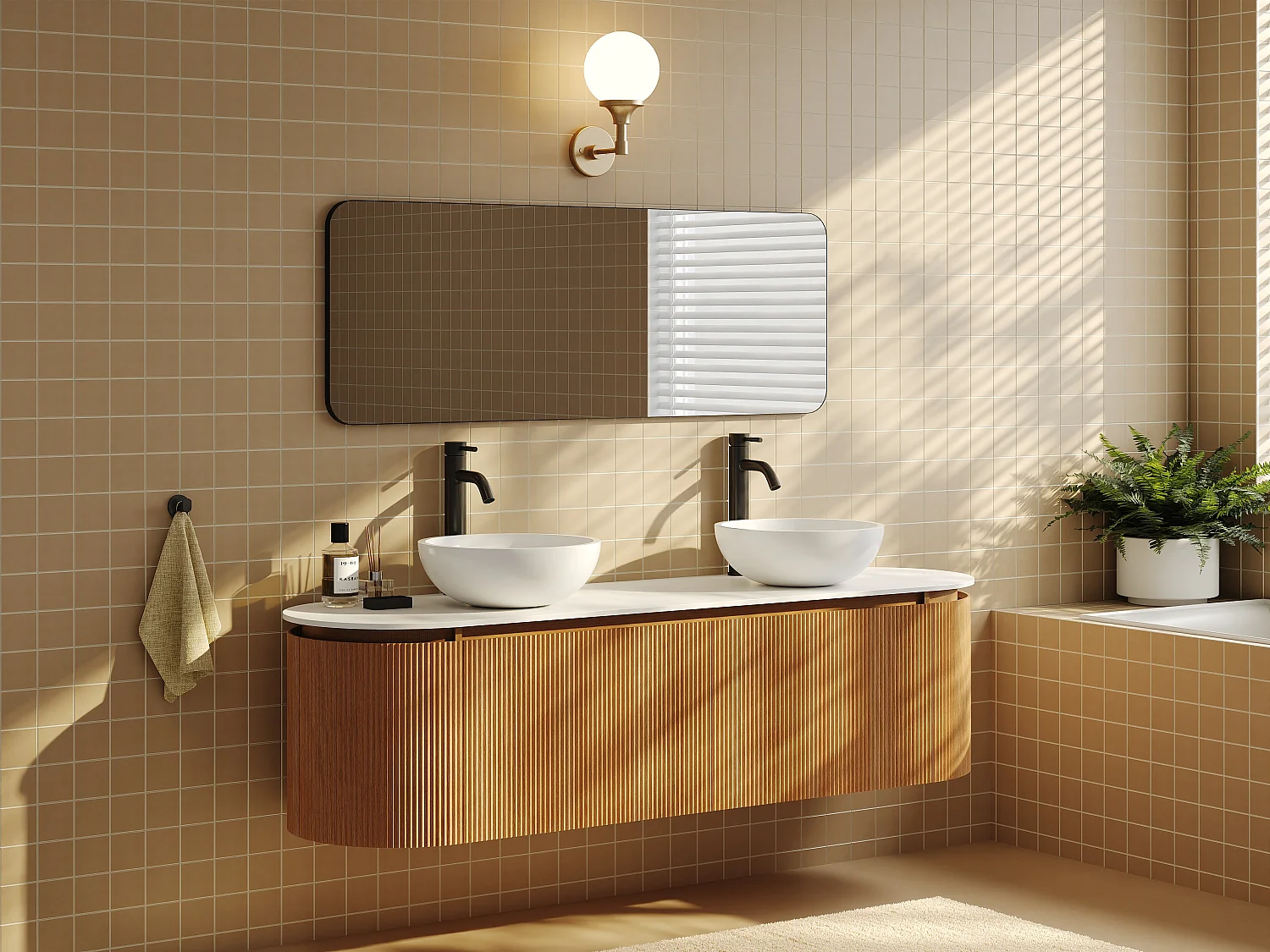 Wisząca ryflowana szafka łazienkowa z dwiema okrągłymi nablatowymi umywalkami z solid surface, baterią i lustrem – jasny naturalny – szer. 180 cm – LILIKO 4916409