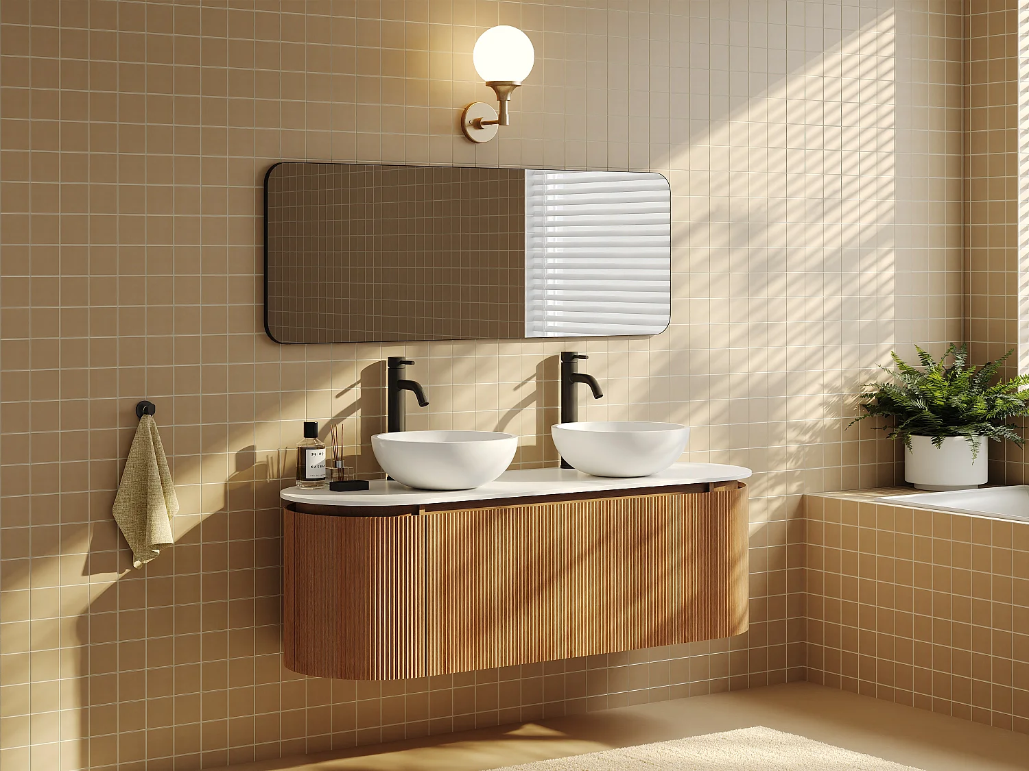 Wisząca ryflowana szafka łazienkowa z dwiema okrągłymi nablatowymi umywalkami z solid surface – jasny naturalny – szer. 150 cm – LILIKO 4916412