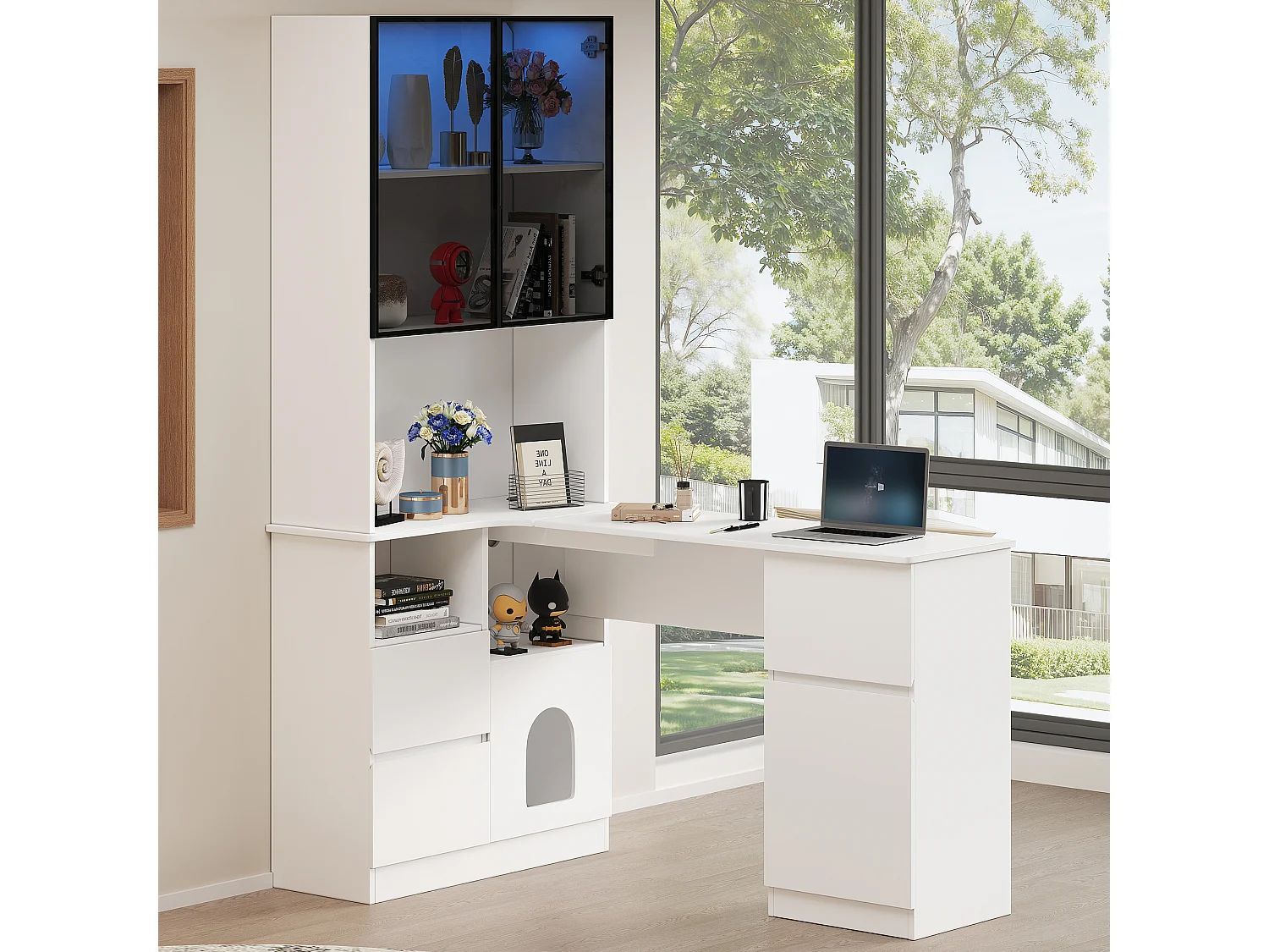 Biurko narożne z półką i witryną LED – 120 x 80 x 180 cm – z 3 szufladami + 2 drzwiami + otwarte półki – MDF – białe 4918087