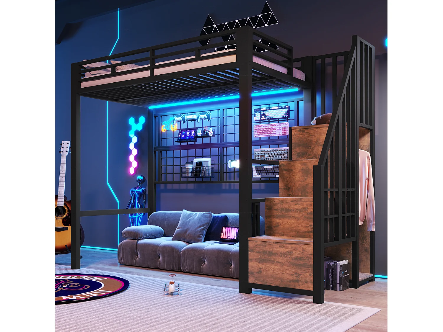Łóżko antresolowe z ramą żeliwną - 90 x 200 cm - z szafą + drabinką + diodami LED - metal + płyta MDF - czarne 4918181 - obrazek 1