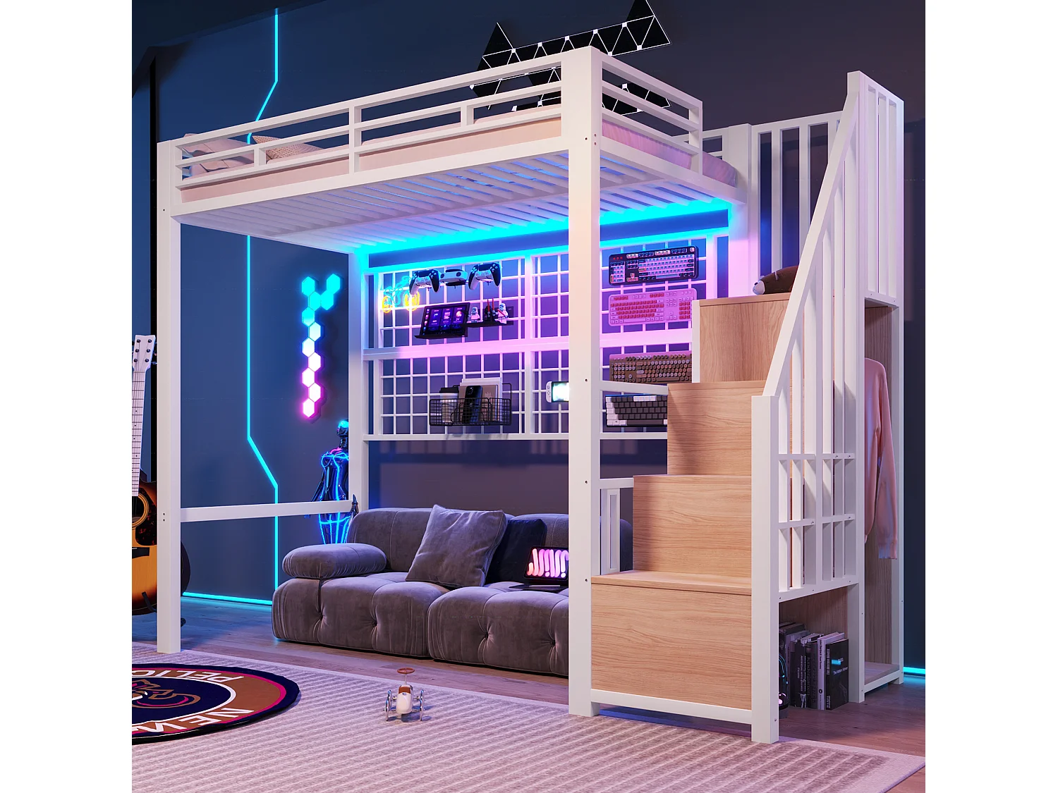 Łóżko antresolowe z ramą żeliwną - 90 x 200 cm - z szafą + drabinką + diodami LED - metal + płyta MDF - białe 4918207 - obrazek 1
