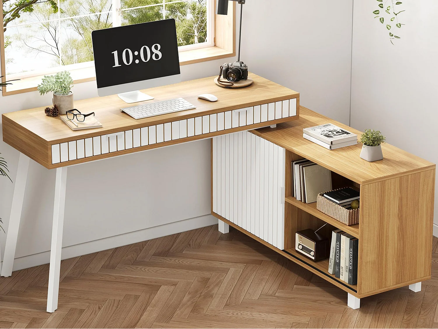 Biurko narożne 140x120x76,5 cm - 2 szuflady i 1 drzwi przesuwne - MDF+metal - Naturalny + biały 4918643 - obrazek 1