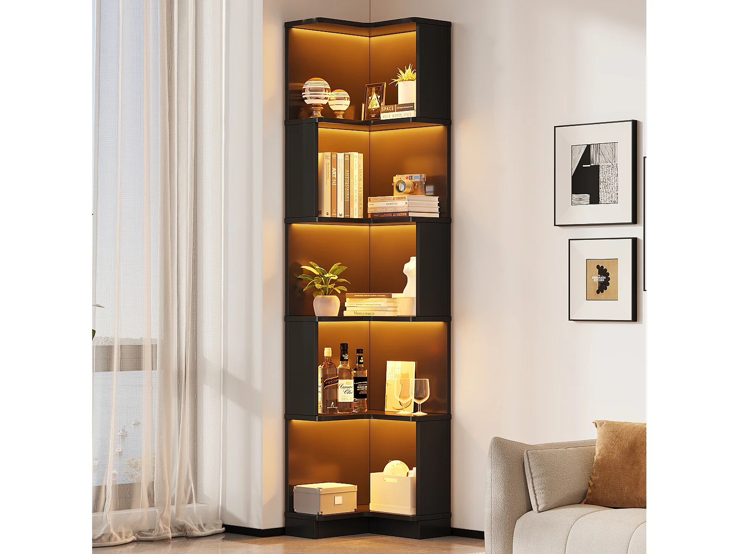 Biblioteczka narożna 63,5x45x175 cm – Kształt L – Oświetlenie LED – 5 poziomów przechowywania – MDF – Czarny 4918655