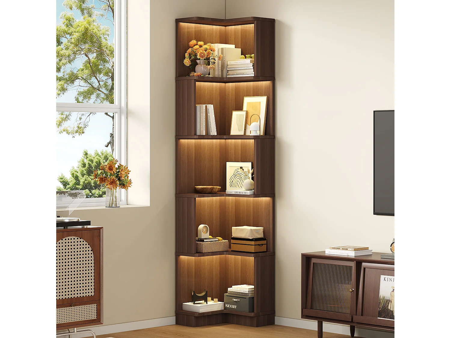 Biblioteczka narożna 63,5x45x175 cm – Kształt L – Oświetlenie LED – 5 poziomów przechowywania – MDF – Brązowy 4918662