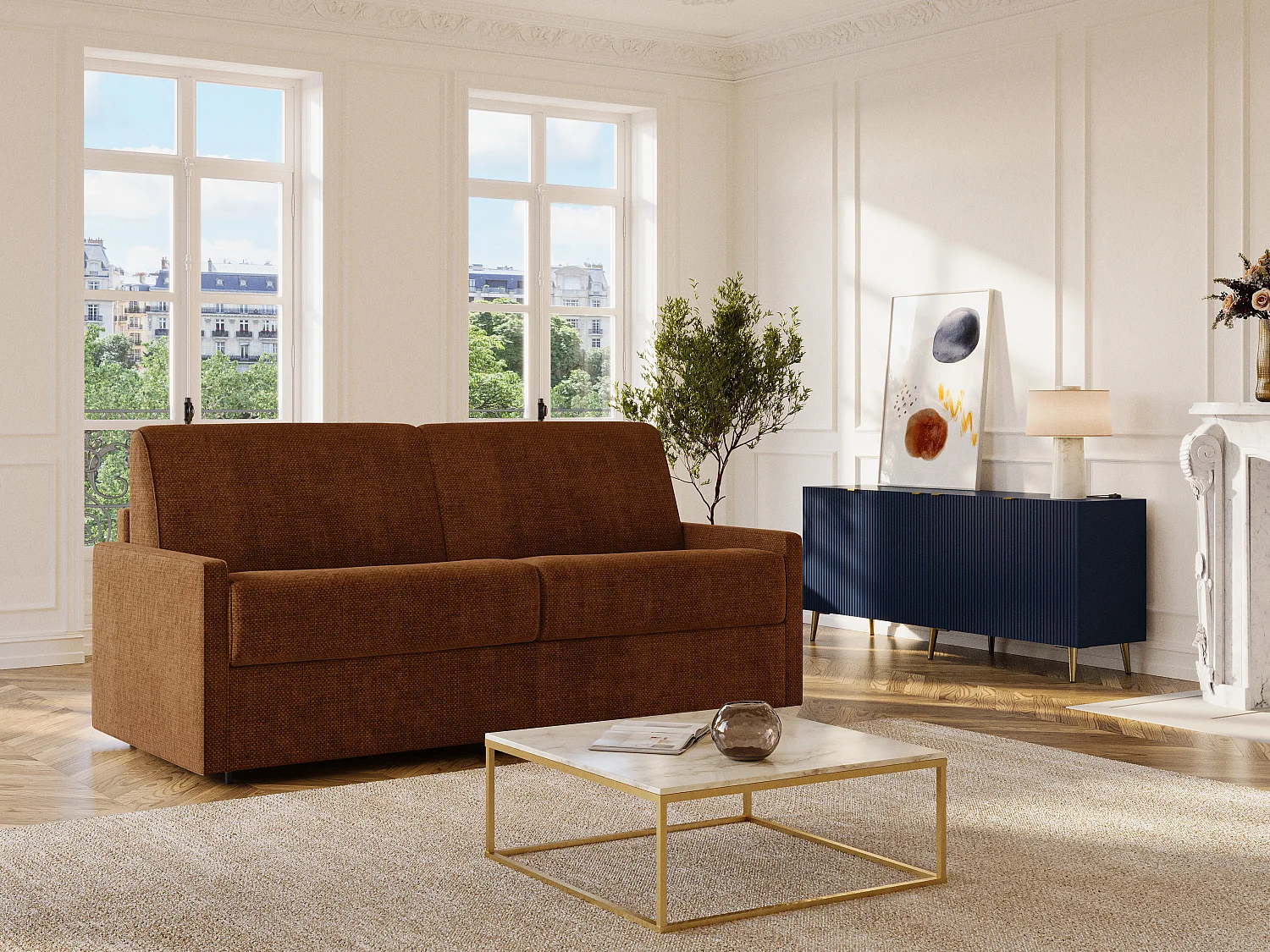 Kanapa 3-osobowa rozkładana typu express z tkaniny terakota – Pow. spania 140 cm – Materac 22 cm z pianką memory foam CALIFE 4841631