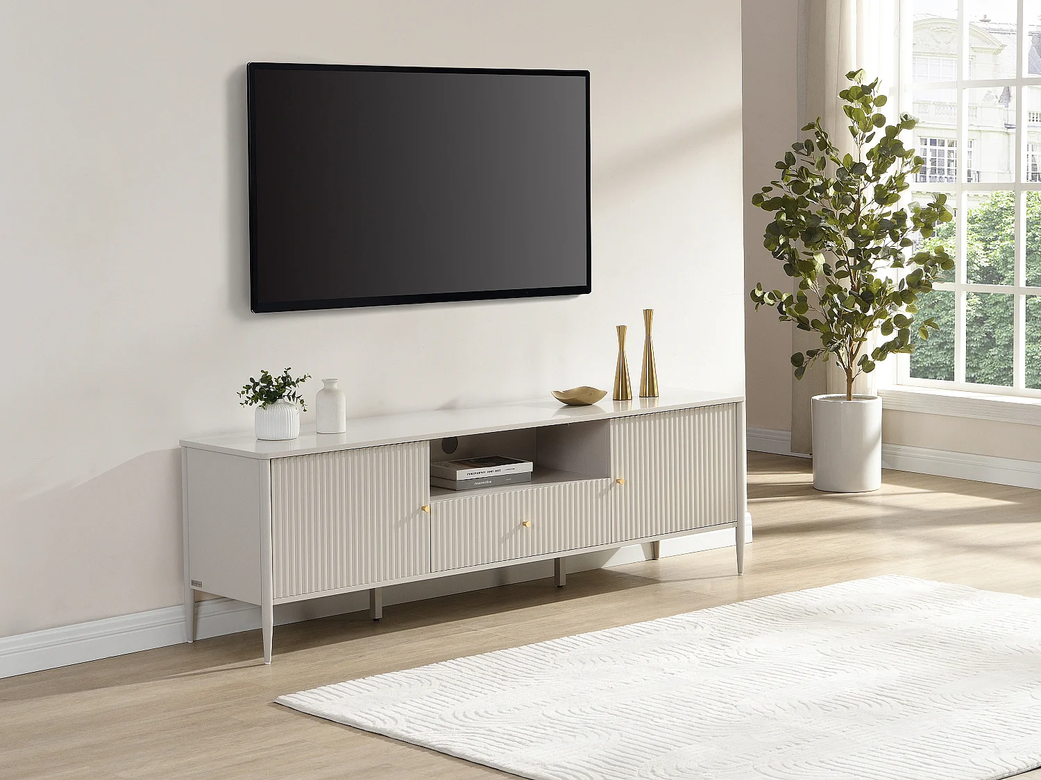 Szafka RTV 2 drzwi, 1 szuflada i 1 wnęka z MDF – Beżowy i złoty – CALITARO 4757309