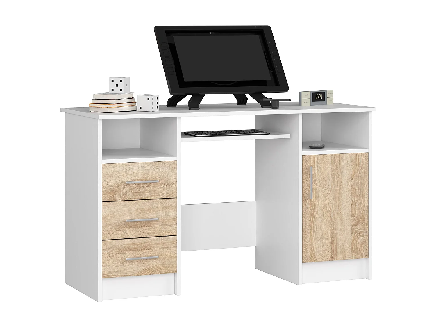 Biurko AKORD ANA Białe 124 cm biurko komputerowe 1 drzwi 3 szuflady kolor Dąb Sonoma mat 5 półek 124x52x74 cm 1870783