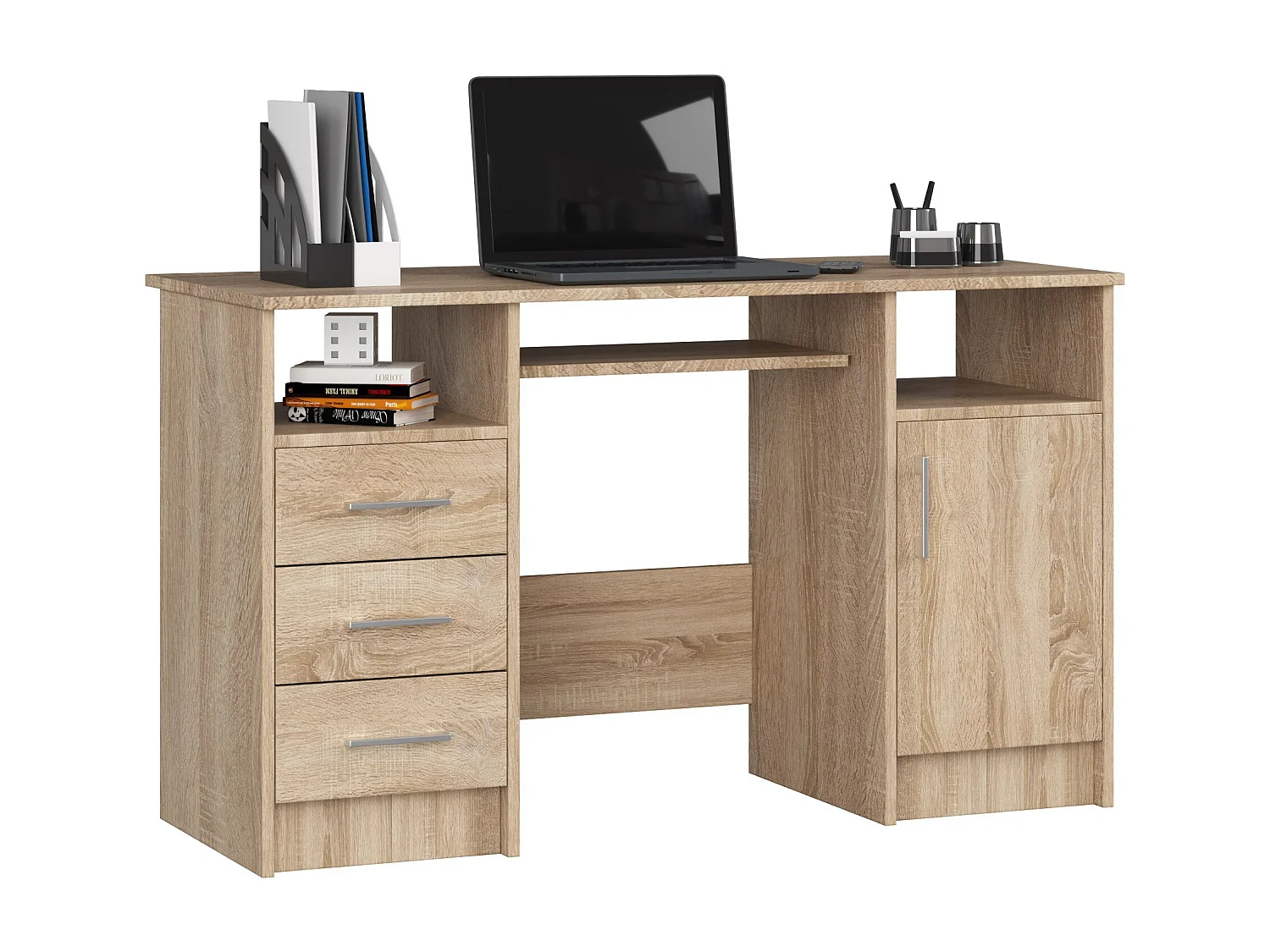 Biurko AKORD ANA Dąb Sonoma 124 cm biurko komputerowe 1 drzwi 3 szuflady kolor Dąb Sonoma mat5 półek 124x52x74 cm 1871001