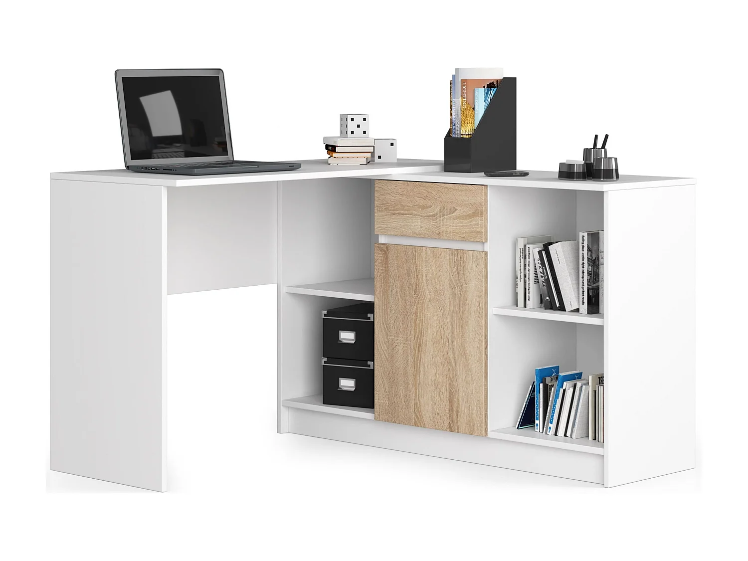 Biurko narożne AKORD B17 Białe 120 cm Zestaw z komodą 1 drzwi 1 szuflada kolor Dąb Sonoma mat 6 półek 120x126x79 cm 1870529 - obrazek 1