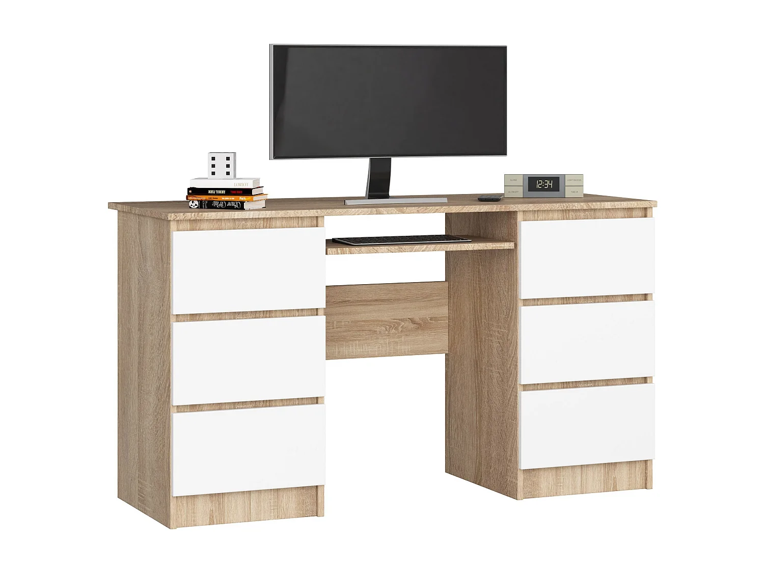Biurko komputerowe AKORD A11 Dąb Sonoma 135 cm 6 szuflad kolor Biały mat 135x50x77 cm 1870505 - obrazek 1